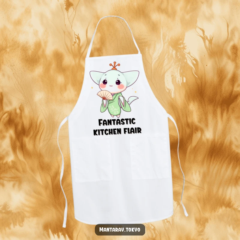 Funny kawaii manta ray wearing a green kimono, holding a fan, on a practical apron for cooking or crafting.
