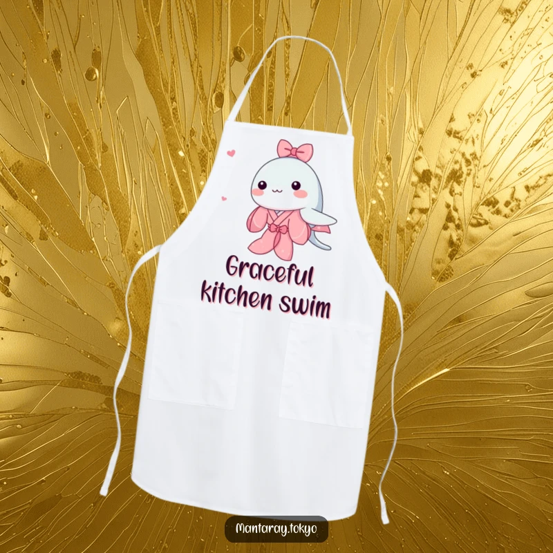 Funny Kawaii Manta Ray Apron featuring an adorable manta ray in a pink kimono swimming, a stylish kitchen accessory.