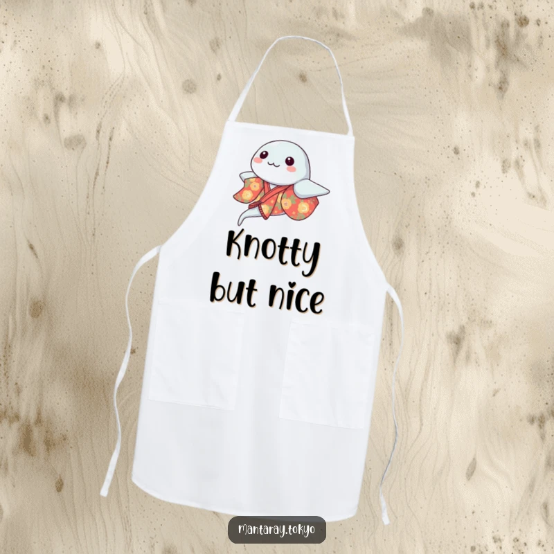 Funny kawaii manta ray in a vibrant kimono gracefully gliding, featured on a practical and humorous apron for cooking enthusiasts.