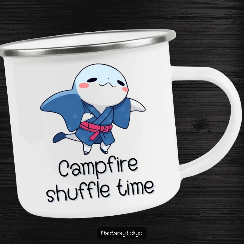 Funny manta ray in a traditional indigo kimono, doing a dance step, on a sturdy and humorous camping mug.