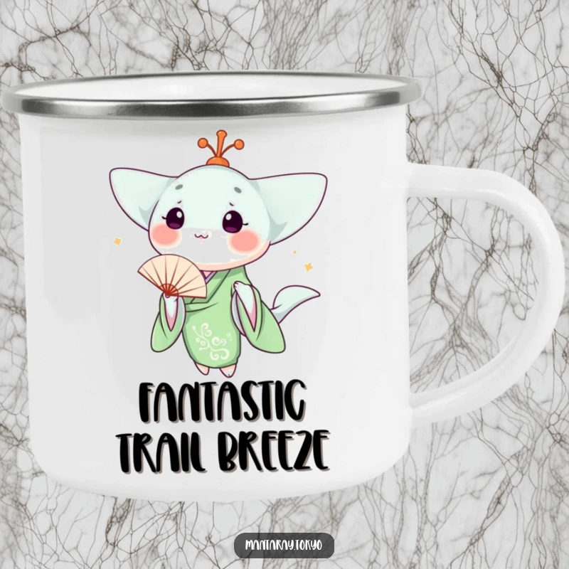 Funny kawaii manta ray in a green kimono holding a fan, on a durable camping mug, ready for adventure.