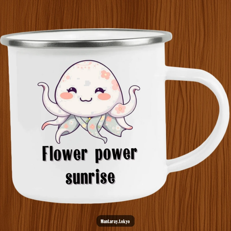 Funny manta ray in a floral kimono, smiling and waving tentacles, on a sturdy and humorous camping mug.