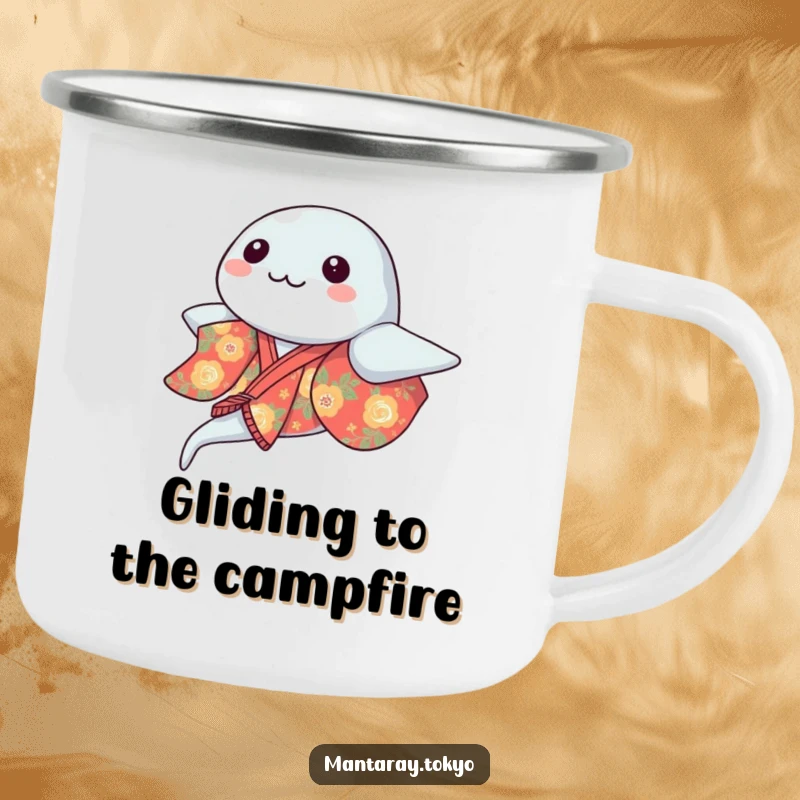 Funny kawaii manta ray in a vibrant kimono gracefully gliding, on a sturdy and humorous camping mug, ideal for outdoor lovers.