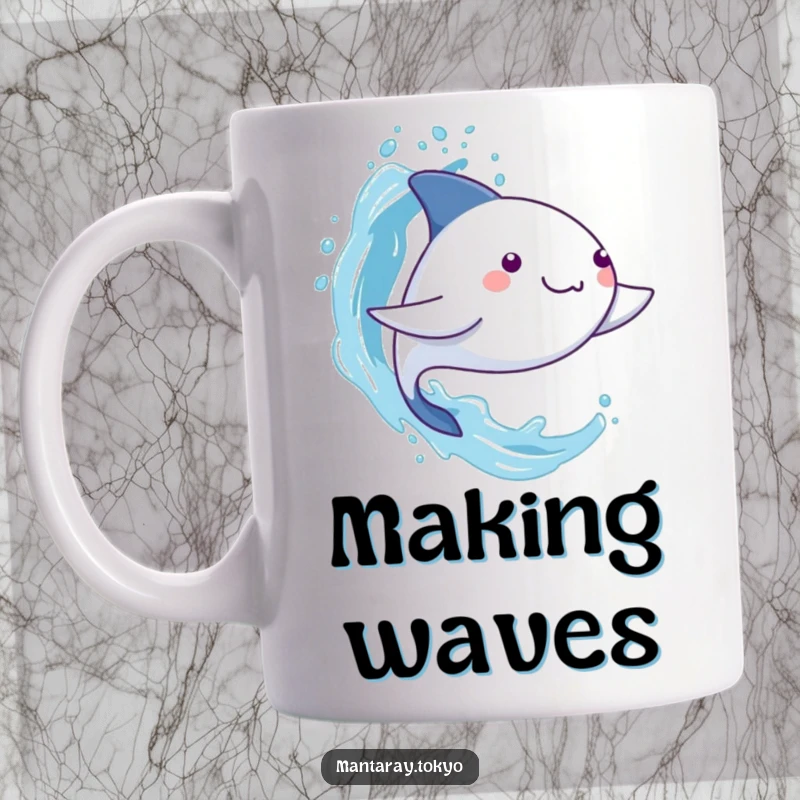 Funny Manta Ray Mug: A kawaii manta ray joyfully splashing stylized water with its fins, spreading aquatic cheer.