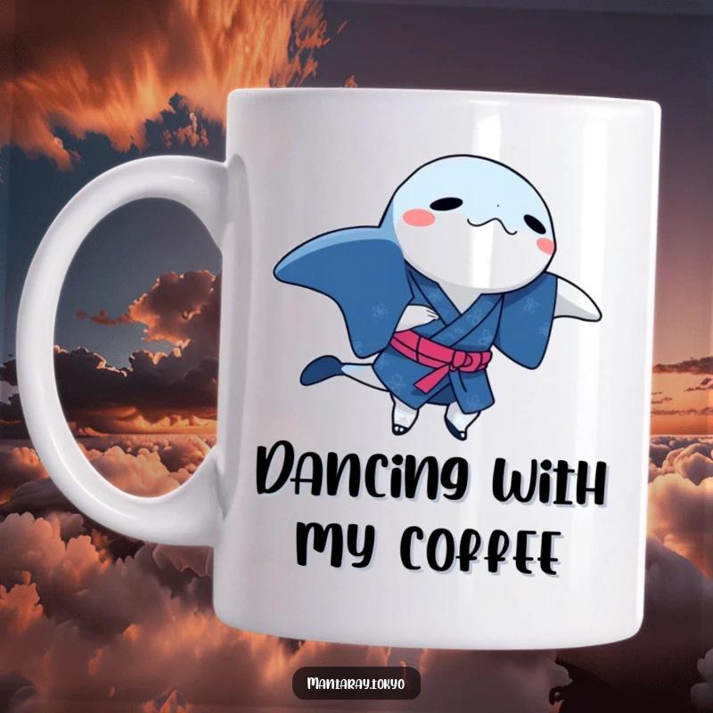 Funny manta ray in a traditional indigo kimono, performing a little dance step with flair, on a humorous mug.