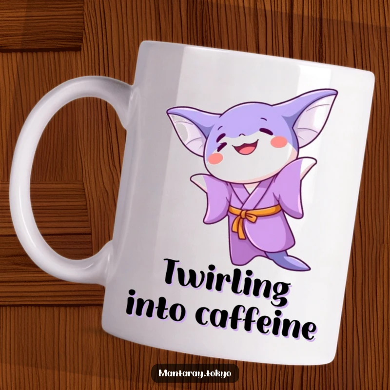 Funny kawaii manta ray in a purple kimono doing a joyful twirl, sipping coffee on a mug, radiating happiness.