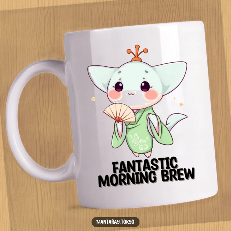 Funny kawaii manta ray in a green kimono holding a delicate fan, sipping coffee on a mug, exuding peaceful charm.
