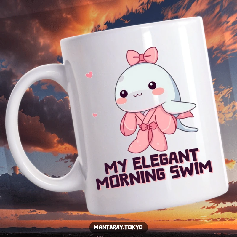 Funny Kawaii Manta Ray Mug showing an adorable manta ray in a pink kimono gracefully swimming, bringing cute ocean vibes.