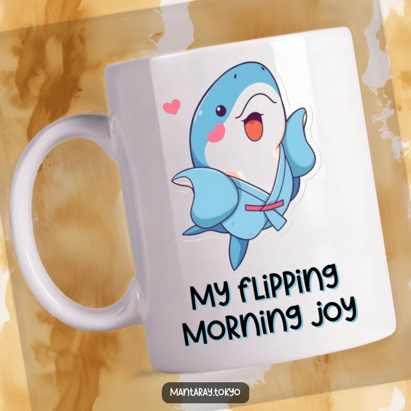 Funny Kawaii Manta Ray Mug showing a cute manta ray in a blue kimono doing a playful flip, bringing seaside fun.