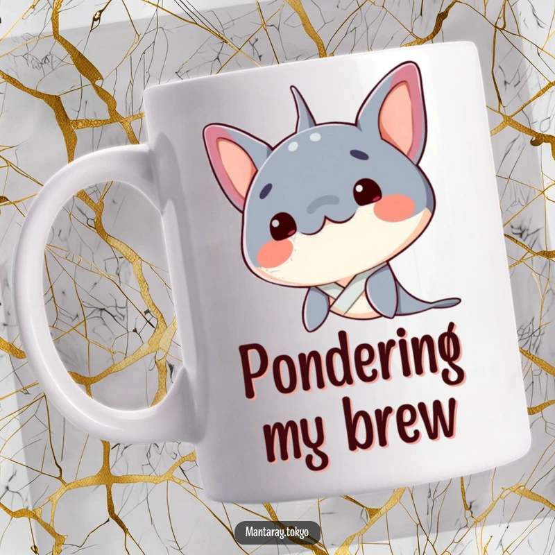 Funny Manta Ray Mug: A curious kawaii manta ray tilts its head elegantly, with a neat kimono collar, embodying gentle inquiry.