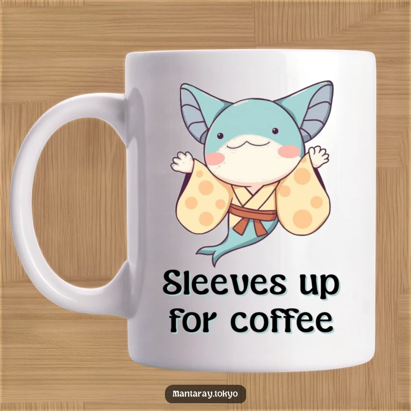 Funny whimsical manta ray in a kimono with flowing sleeves, waving a friendly greeting, on a delightful mug.