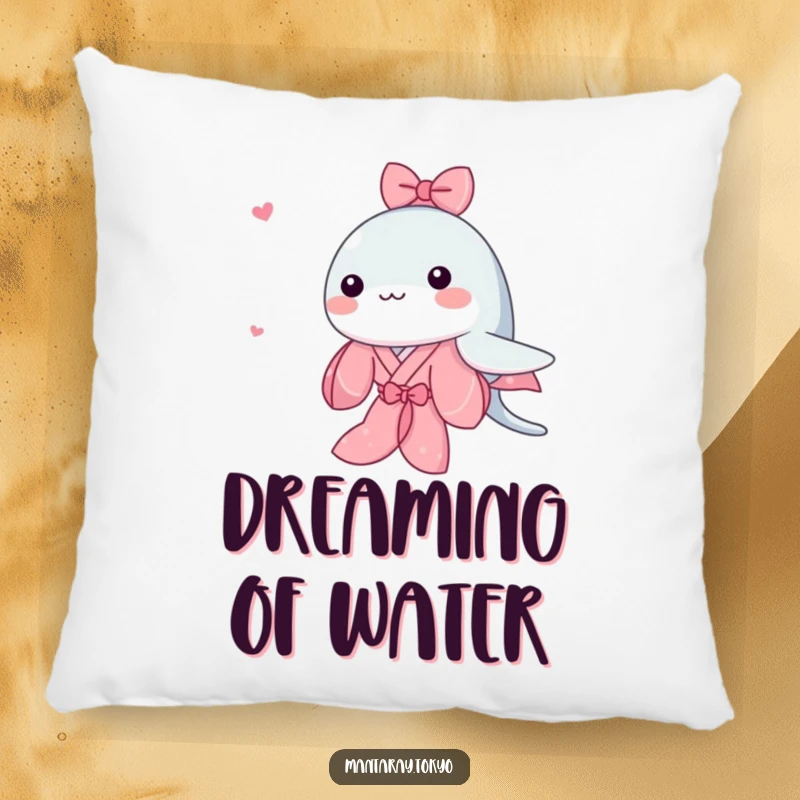 Funny Kawaii Manta Ray Pillow showing a cute manta ray in a pink kimono swimming, perfect for cozy, cute decor.