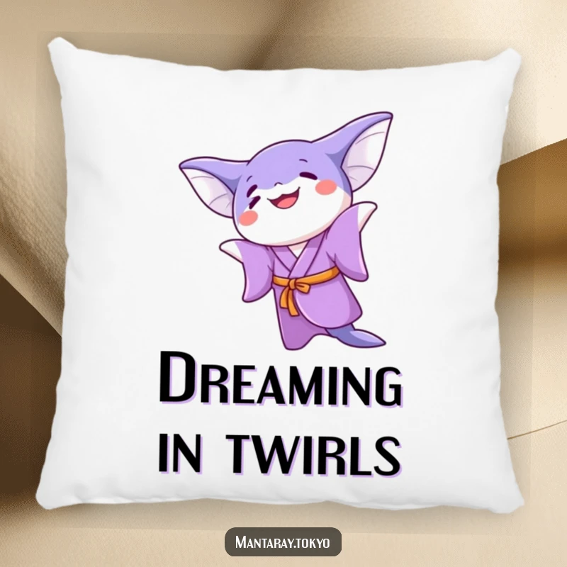 Funny kawaii manta ray in a purple kimono doing a joyful twirl, on a soft throw pillow, adding comfort and charm.