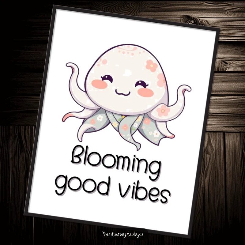 Funny manta ray in a floral kimono, smiling and waving tentacles, a whimsical and humorous digital art print.