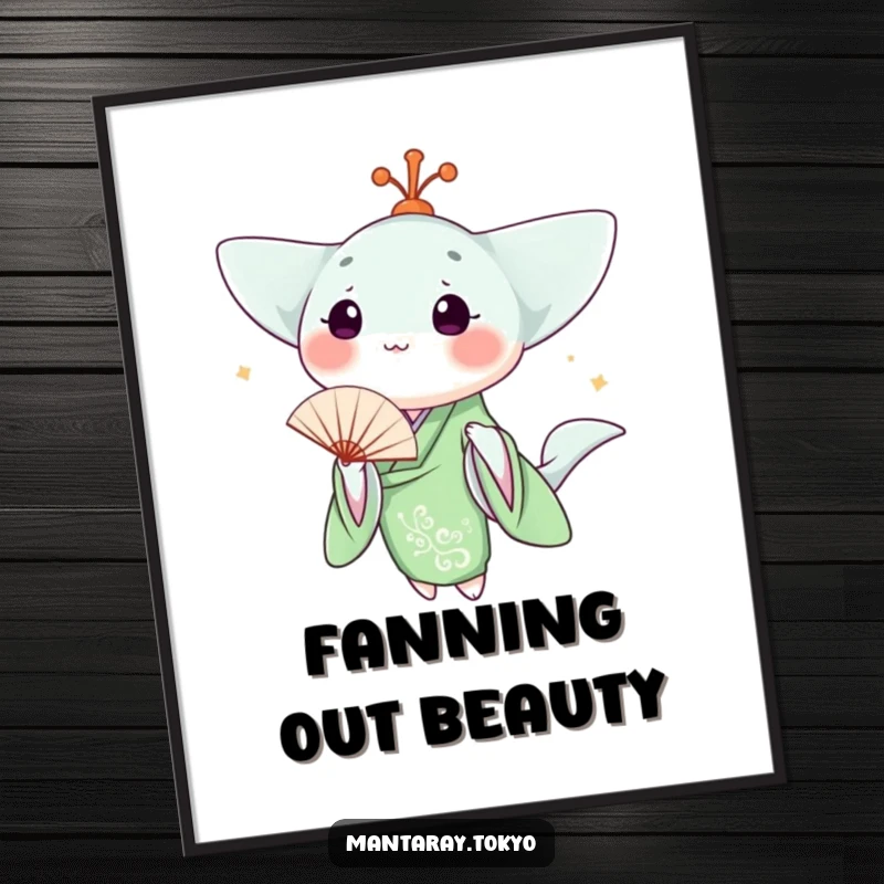 Funny kawaii manta ray in a green kimono holding a delicate fan, as a digital art print for instant download.