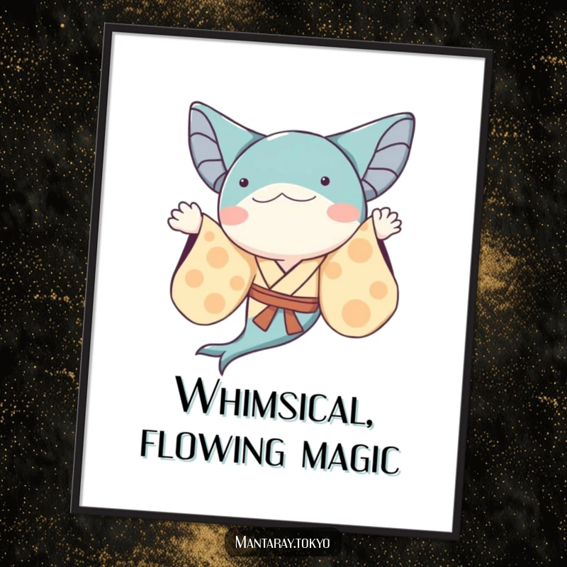 Funny whimsical manta ray in a kimono with flowing sleeves, waving, a whimsical and humorous digital art print.