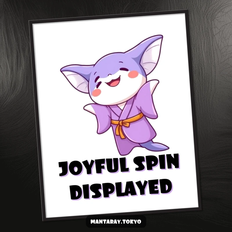 Funny kawaii manta ray in a purple kimono doing a joyful twirl, as a digital art print for instant download.