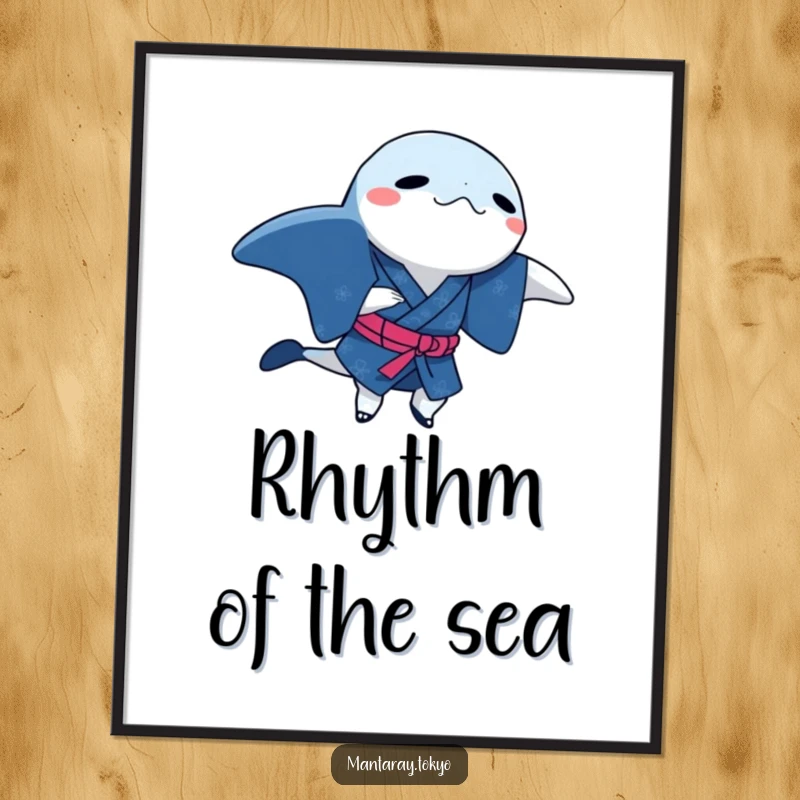 Funny manta ray in a traditional indigo kimono, doing a dance step, a whimsical and humorous digital art print.