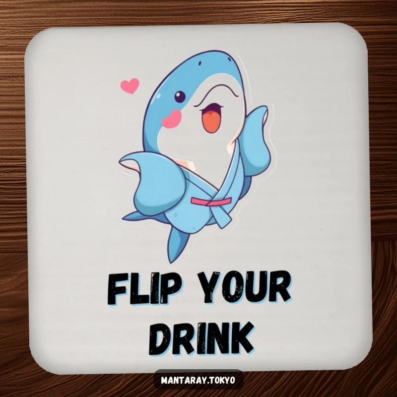 Funny Kawaii Manta Ray Drink Coasters featuring a cute manta ray in a blue kimono performing a playful flip, protecting surfaces.
