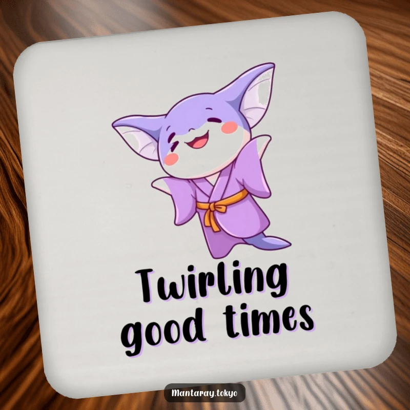 Funny kawaii manta ray in a purple kimono doing a joyful twirl, on a set of protective drink coasters.