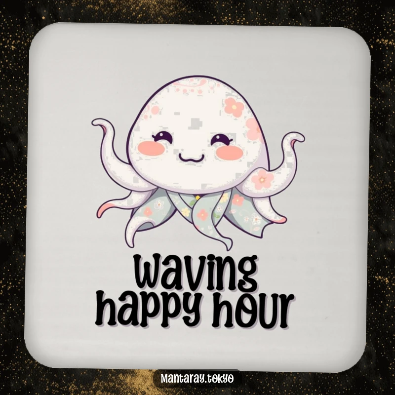 Funny manta ray in a floral kimono, smiling and waving tentacles, on a humorous drink coaster.