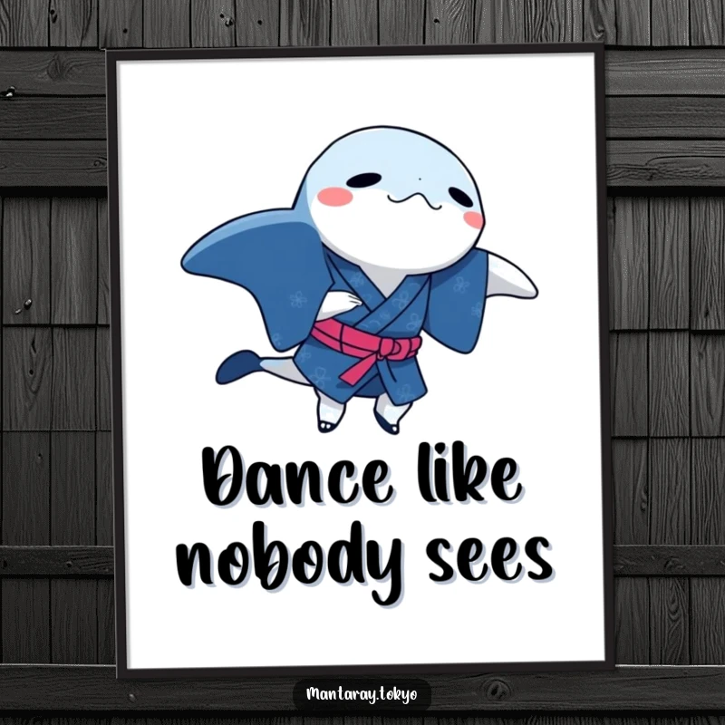 Funny manta ray in a traditional indigo kimono, doing a dance step, presented as a whimsical and humorous poster.