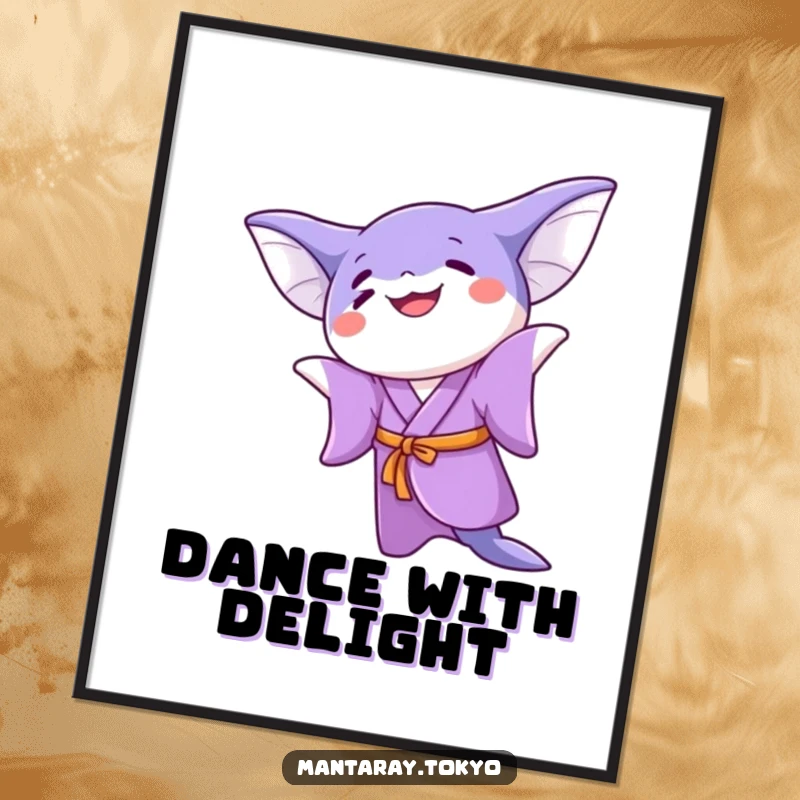 Funny kawaii manta ray in a purple kimono doing a joyful twirl, as a dynamic wall art poster.