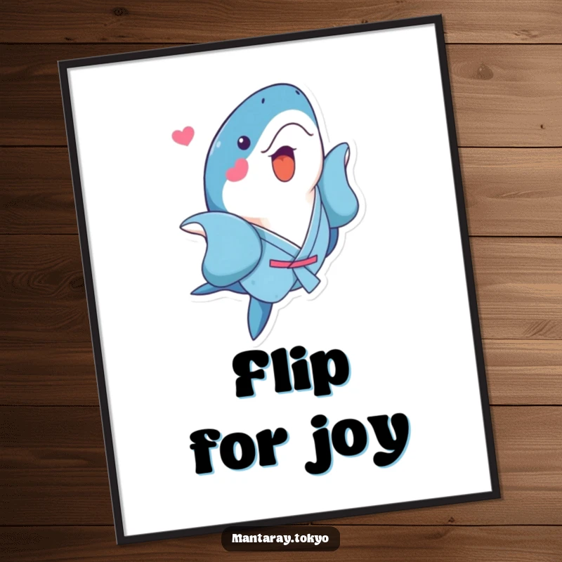Funny Kawaii Manta Ray Poster of an adorable manta ray in a blue kimono performing a playful flip underwater.