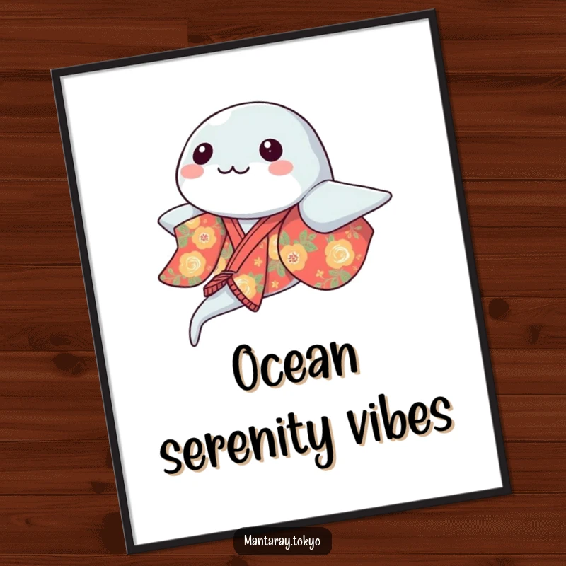 Funny kawaii manta ray in a vibrant kimono gracefully gliding, a stunning and humorous poster for wall art enthusiasts.