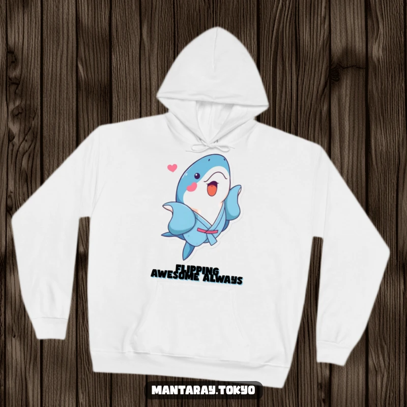 Funny Kawaii Manta Ray Hoodie showing a cute manta ray in a blue kimono doing a playful flip, perfect for cozy fun.