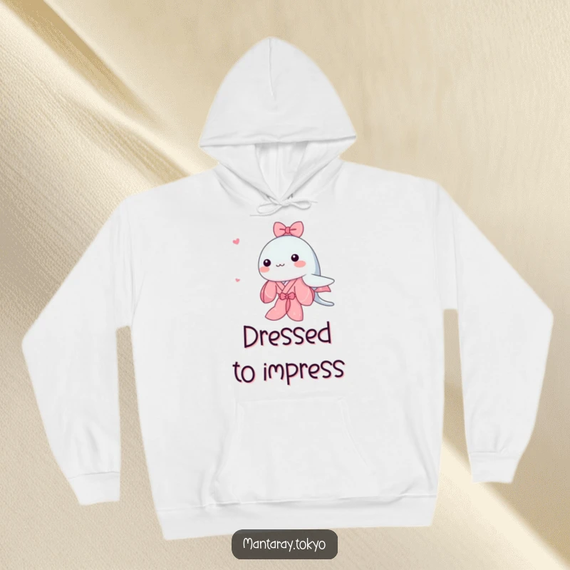 Funny Kawaii Manta Ray Hoodie showing a cute manta ray in a pink kimono swimming, perfect for cozy, adorable style.