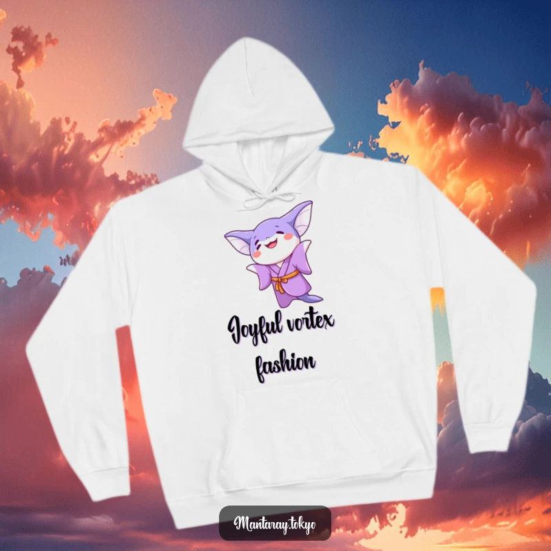 Funny kawaii manta ray in a purple kimono doing a joyful twirl, on a cozy hoodie, perfect for relaxed days.