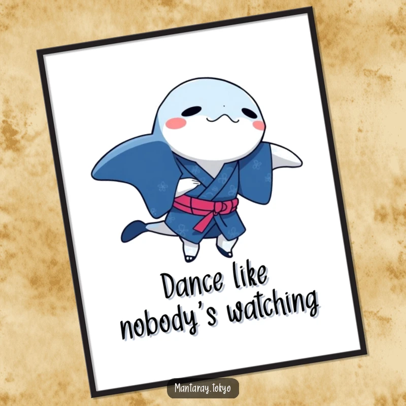 Funny Free Printable Dancing Manta Ray Wall Art, a ray in an indigo kimono doing a little dance.