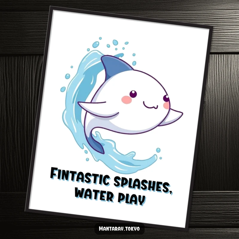 Funny Free Printable Wall Art of a kawaii mantaray joyfully splashing stylized water with its fins, creating a playful cascade.