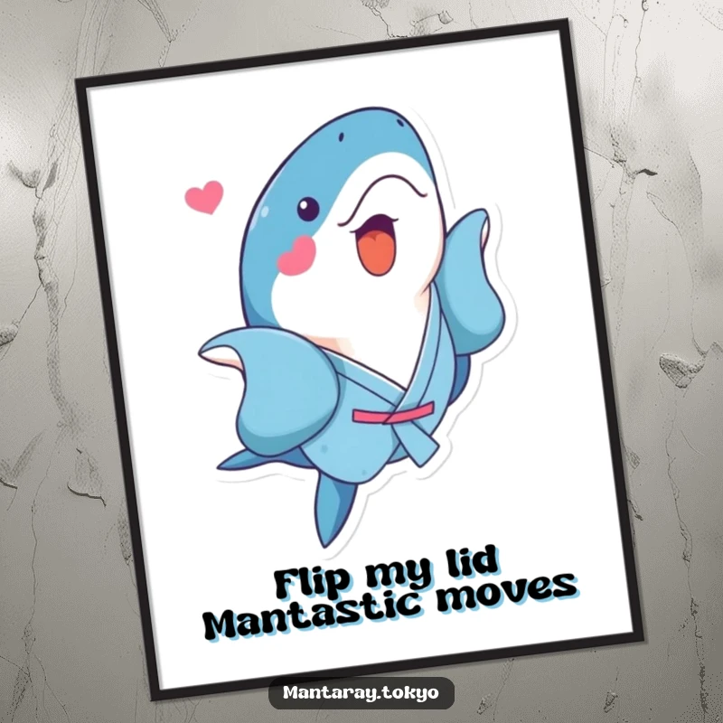 Funny Free Printable Wall Art: A kawaii manta ray in a blue kimono performing a playful flip, creating dynamic and fun downloadable decor.