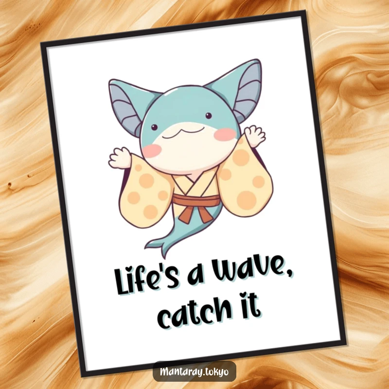 Funny Free Printable Whimsical Manta Ray Wall Art, a ray in a flowing kimono happily waves.