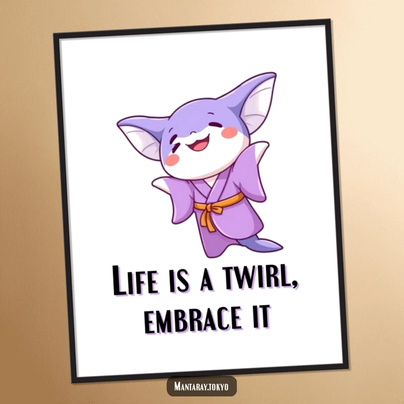 Funny Free Printable Wall Art: Captivating kawaii manta ray in a purple kimono, doing a joyful twirl, bringing movement to your walls.