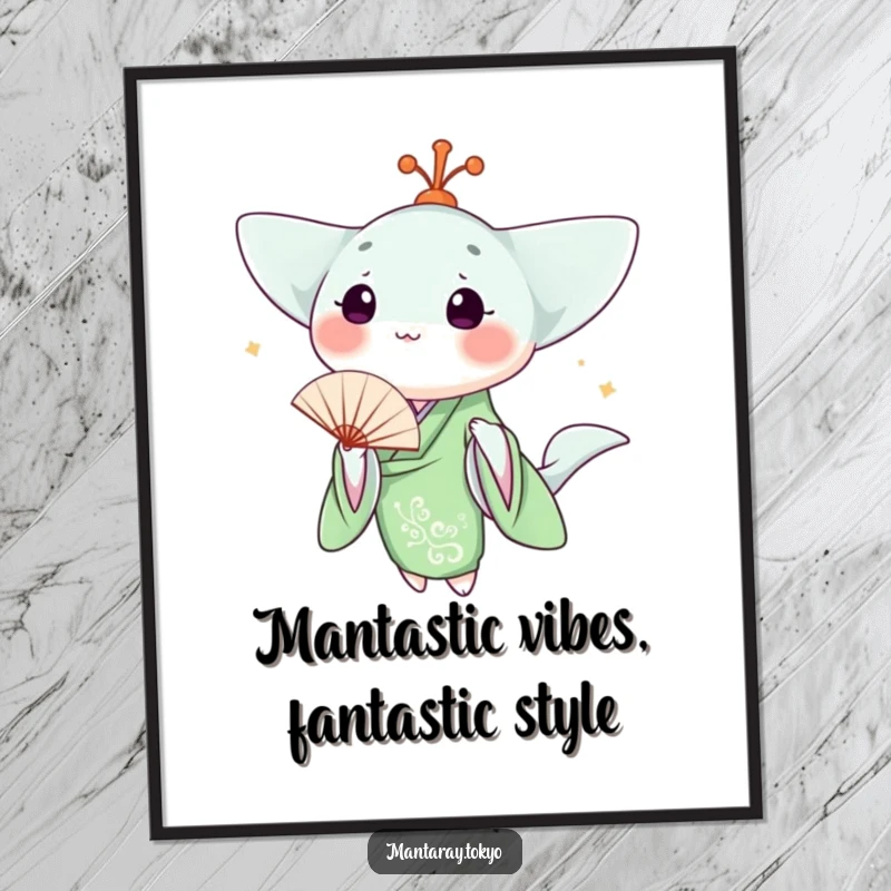 Funny Free Printable Wall Art: Elegant kawaii manta ray in a green kimono, holding a delicate fan, ready to adorn your space.