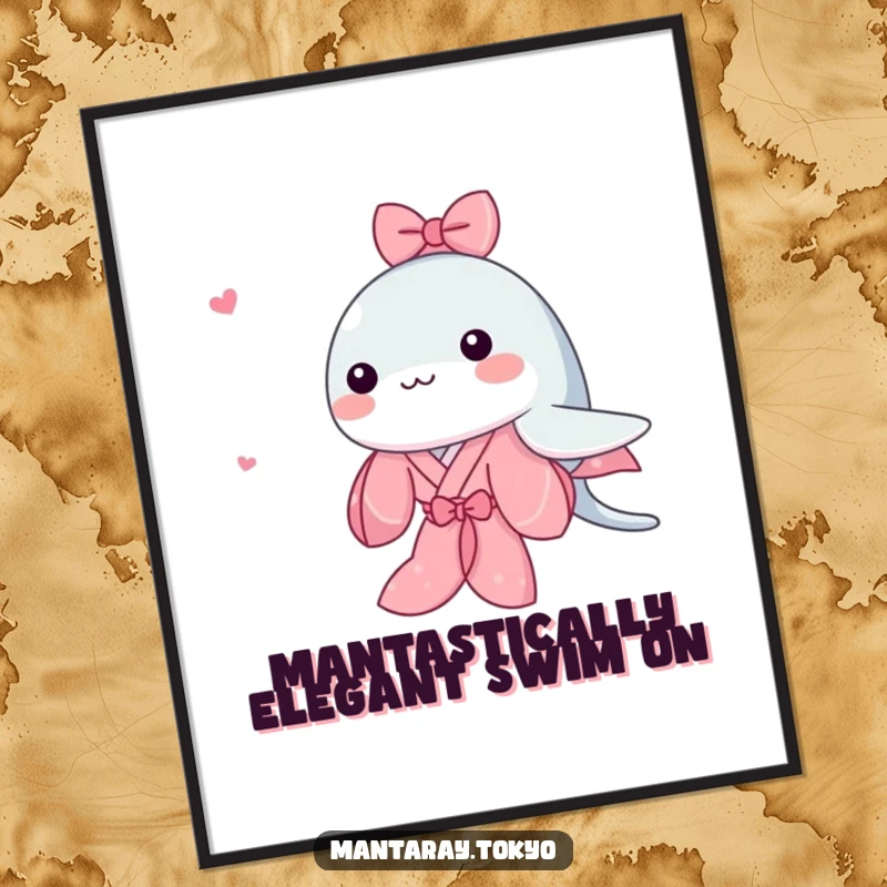 Funny Free Printable Wall Art: A kawaii manta ray wearing a traditional pink kimono, gracefully swimming, creating adorable and whimsical downloadable decor.