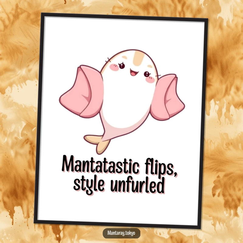 Funny Free Printable Wall Art: A kawaii mantaray in a kimono doing a dynamic flip, its clothing billowing playfully.