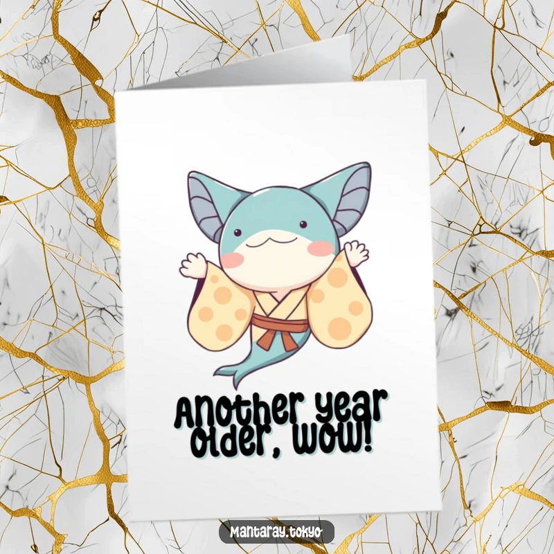 Funny Free Printable Whimsical Manta Ray Birthday Card, a ray in a kimono with flowing sleeves waves.