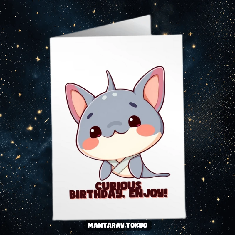 Funny Free Printable Birthday Card showcasing a kawaii mantaray tilting its head curiously, its kimono collar neat and tidy.