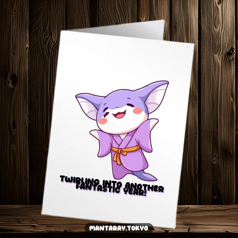 Funny Free Printable Birthday Card: Kawaii manta ray in purple kimono, joyfully twirling, celebrating your birthday with flair.