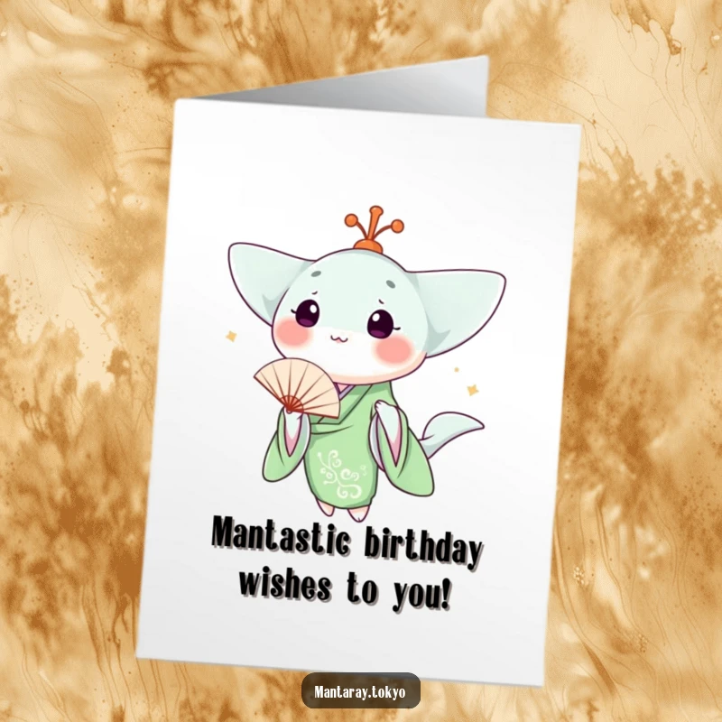 Funny Free Printable Birthday Card: Kawaii manta ray in green kimono, holding fan, ready to celebrate your special day.