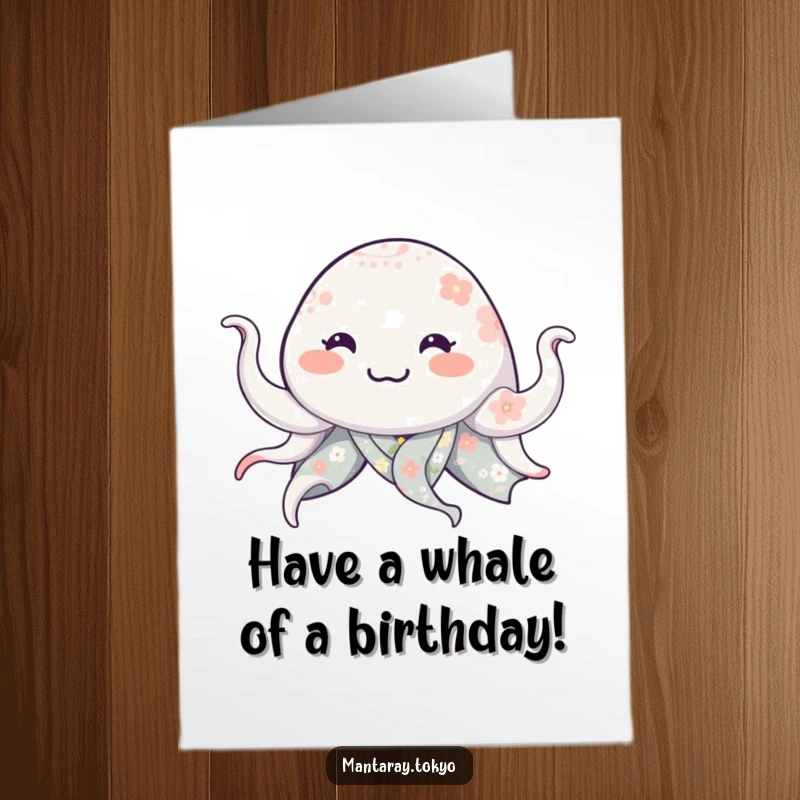 Funny Free Printable Smiling Manta Ray Birthday Card, a ray in a floral kimono waving joyfully.