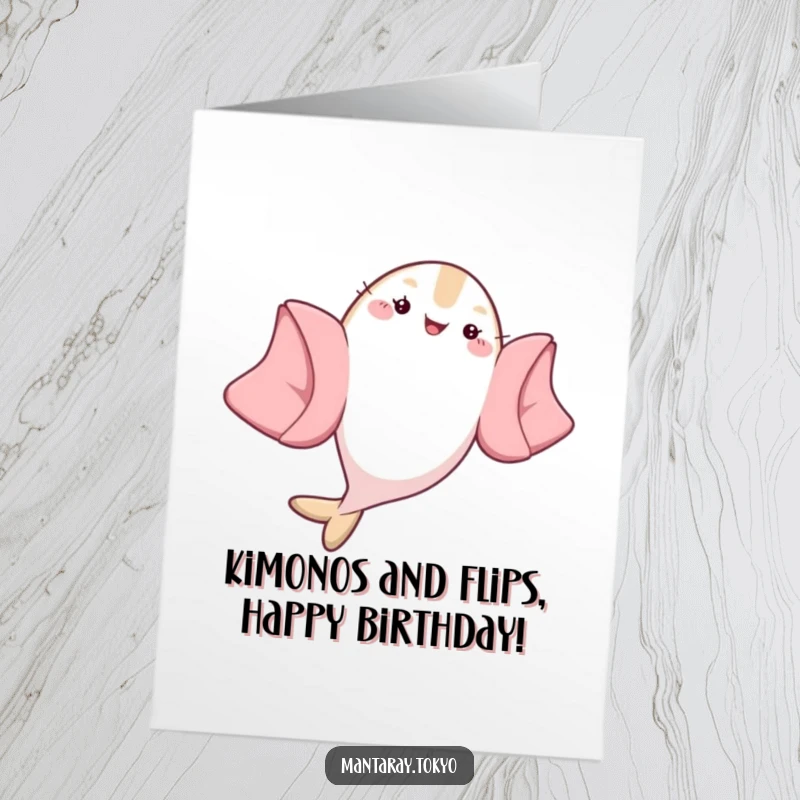 Funny Free Printable Birthday Card featuring a kawaii mantaray in a kimono doing a flip with its garment billowing.