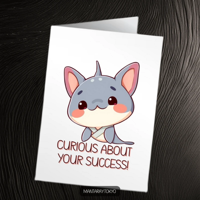 Funny Free Printable Congratulations Card featuring a kawaii mantaray with a neat kimono collar, head tilted in curiosity.