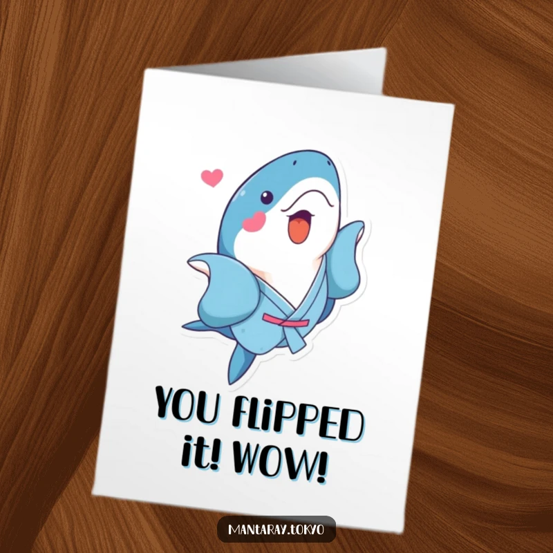 Funny Free Printable Congratulations Card: A kawaii manta ray in a blue kimono flips playfully, ideal for a dynamic and joyful DIY congratulation.