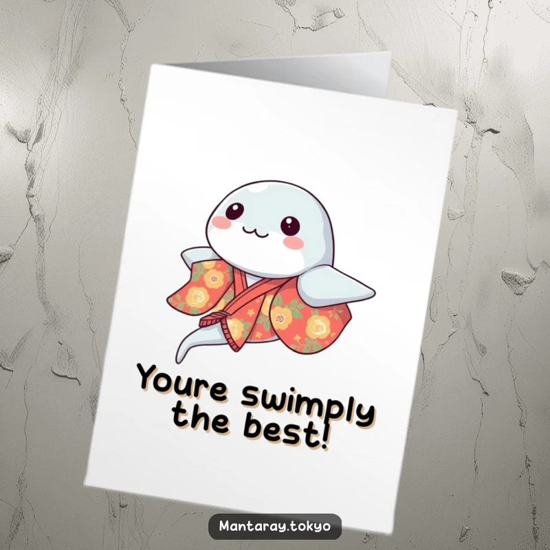 Funny Free Printable Kawaii Manta Ray Congratulations Card, a cute ray in a kimono, waving happily.