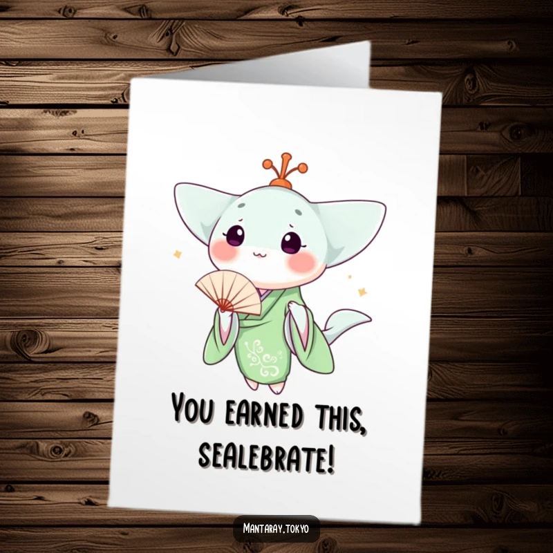 Funny Free Printable Congratulations Card: Kawaii manta ray in green kimono, holding a fan, celebrating your big win.
